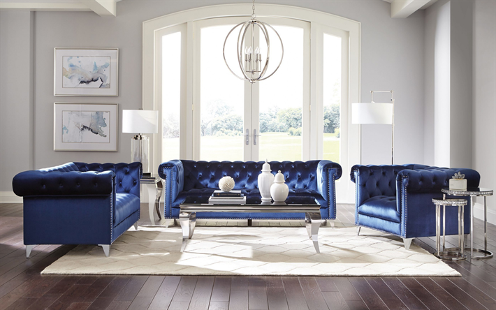 klassinen sisustus, sininen klassinen sohva, tyylik&#228;s muotoilu, py&#246;re&#228; metallinen kattokruunu, olohuoneidea, klassinen sisustustyyli