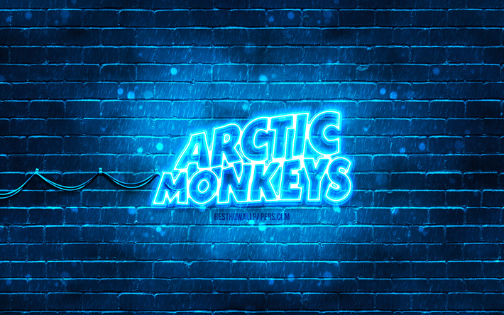 Arctic Monkeys blue logo, 4k, british rock band, music stars, blue brickwall, Arctic Monkeys logo, Arctic Monkeys neon logo, Arctic Monkeys
