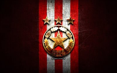 cska sofia fc, logo dorato, parva liga, sfondo metallico rosso, calcio, squadra di calcio bulgara, logo cska sofia, pfc cska sofia