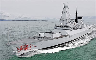 HMS Dragon, D35, 4k, vector art, HMS Dragon drawing, creative art, HMS Dragon art, vector drawing, abstract ships, HMS Dragon D35, Royal Navy