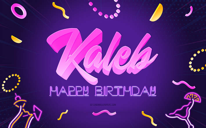お誕生日おめでとうカレブ, 4k, 紫のパーティーの背景, カレブ, クリエイティブアート, カレブの誕生日おめでとう, カレブ名, カレブの誕生日, 誕生日パーティーの背景