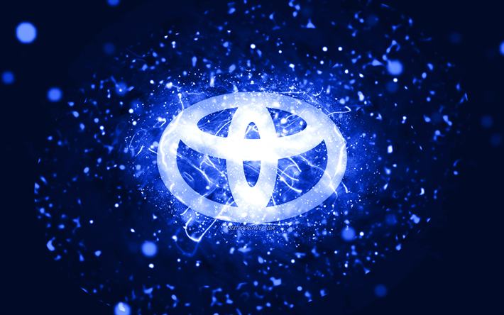 شعار تويوتا كحلي, 4k, أضواء النيون الأزرق الداكن, خلاق, الأزرق الداكن خلفية مجردة, شعار تويوتا, ماركات السيارات, تويوتا