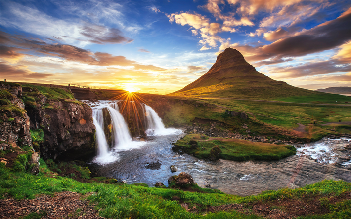 island, vattenfall, kv&#228;ll, solnedg&#229;ng, bergslandskap, bergsflod, vackert vattenfall, berg