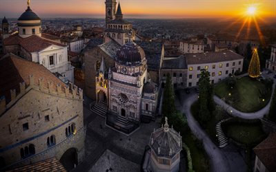 Bergamo, Santa Maria Maggiore, Cappella Colleoni, evening, sunset, Bergomum, Bergamo cityscape, Bergamo panorama, Italy