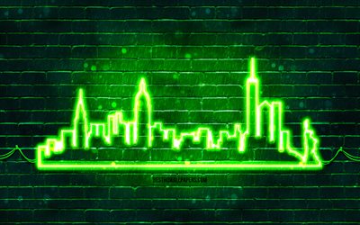 silhouette al neon verde di new york, 4k, luci al neon verdi, silhouette dello skyline di new york, muro di mattoni verde, citt&#224; americane, silhouette dello skyline al neon, usa, silhouette di new york, new york