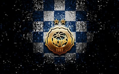 HJK FC, glitter logo, Veikkausliiga, blue white checkered background, soccer, finnish football club, HJK FC logo, mosaic art, football, Helsingin Jalkapalloklubi, HJK Helsinki