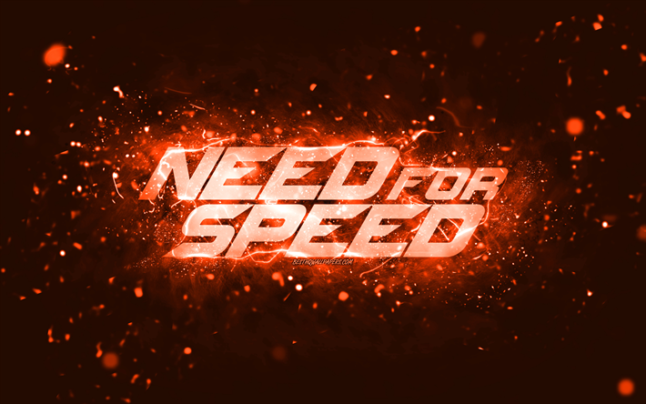 need for speed ​​logo arancione, 4k, nfs, luci al neon arancioni, creativo, sfondo astratto arancione, logo need for speed, logo nfs, need for speed