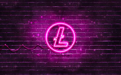 Litecoin purple logo, 4k, purple brickwall, Litecoin logo, cryptocurrency, Litecoin neon logo, Litecoin