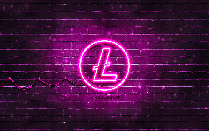 litecoin lila logotyp, 4k, lila brickwall, litecoin logotyp, kryptovaluta, litecoin neon logotyp, litecoin