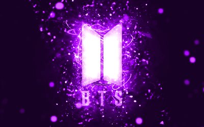 BTS violet logo, 4k, violet neon lights, creative, violet abstract background, Bangtan Boys, BTS logo, music stars, BTS, Bangtan Boys logo