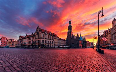 piazza del mercato, wroclaw, sera, tramonto, paesaggio urbano di wroclaw, piazza, polonia
