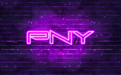 PNY violet logo, 4k, violet brickwall, PNY logo, brands, PNY neon logo, PNY