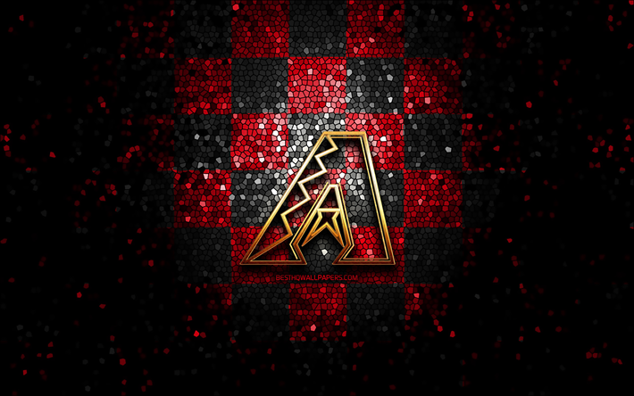 arizona diamondbacks emblema, glitter logotipo, mlb, vermelho preto de fundo quadriculado, time de beisebol americano, major league baseball, arte em mosaico, beisebol, arizona diamondbacks