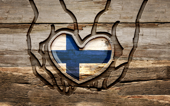 me encanta finlandia, 4k, manos talladas en madera, d&#237;a de finlandia, bandera de finlandia, creativo, bandera finlandesa, bandera de finlandia en la mano, cuida finlandia, talla de madera, europa, finlandia