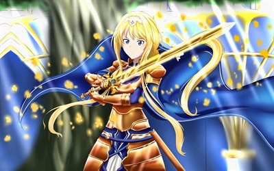 4k, Alicia Zuberg, golden sword, manga, Arisu Tsuberuku, Sword Art Online, el protagonista, Alice Zuberg with sword