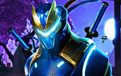 Omega, close-up, Fortnite Battle Royale, ninja, 2019 games, Fortnite, cyber warriors, Omega with swords