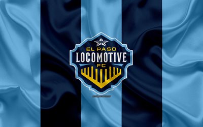 El Paso Locomotive FC, 4K, American football club, logo, blue flag, emblem, USL Championship, El Paso, Texas, USA, silk texture, soccer, United Soccer League