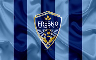 Fresno FC, 4K, American football club, logo, blue flag, emblem, USL Championship, Fresno, California, USA, USL, silk texture, soccer, United Soccer League