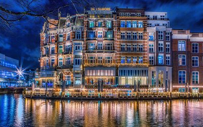Amsterdam, HDR, canal de agua, la noche de la ciudad, los pa&#237;ses Bajos, Europa, paisajes nocturnos