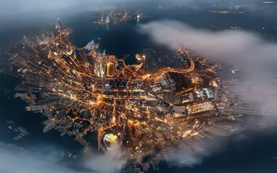 Hong Kong, Cina, vista dall&#39;alto, vista aero, notte, grattacieli, metropolis, city lights