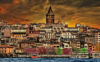 Istambul, 4k, p&#244;r do sol, HDR, paisagens de cidade, A turquia, cidade turca