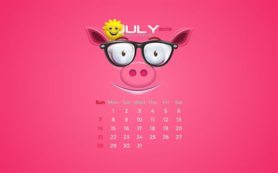 Juli 2019 Kalender, 4k, sommar, rosa grisen, 2019 kalender, Juli 2019, kreativa, Juli 2019 kalender med gris, Kalender Juli 2019, piggy med solen, 2019 kalendrar