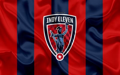 Indy Eleven, 4K, American football club, logo, red blue flag, emblem, USL Championship, Indianapolis, Indiana, USA, USL, silk texture, soccer, United Soccer League