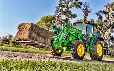 John Deere 5100E, 4k, de heno, de transporte, de 2019 tractores, maquinaria agr&#237;cola, la cosecha, el verde tractor, HDR, la agricultura, el tractor en el campo, John Deere