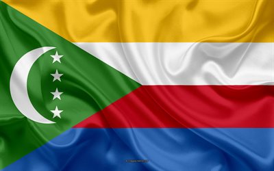 Flagga Komorerna, 4k, siden konsistens, Komorernas flagga, nationell symbol, silk flag, Komorerna, Afrika, flaggor i Afrikanska l&#228;nder