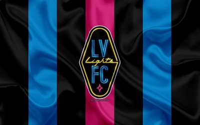 Las Vegas Lights FC, 4K, American football club, logo, black and blue flag, emblem, USL Championship, Las Vegas, Nevada, USA, USL, silk texture, soccer, United Soccer League