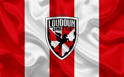 Loudoun United FC, 4K, American football club, logo, red white flag, emblem, USL Championship, Leesburg, Virginia, USA, USL, silk texture, soccer, United Soccer League