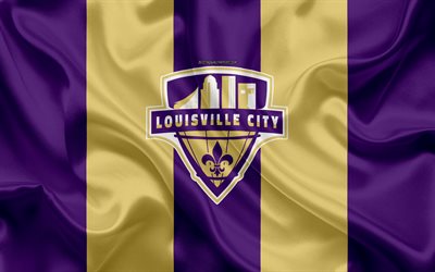 Louisville City FC, 4K, American football club, logo, purple yellow flag, emblem, USL Championship, Louisville, Kentucky, USA, USL, silk texture, soccer, United Soccer League