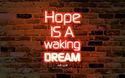 Hope is a waking dream, 4k, orange brick wall, Aristotle Quotes, neon text, inspiration, Aristotle, quotes about dream