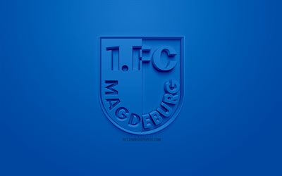 FC Magdeburg, yaratıcı 3D logosu, mavi arka plan, 3d amblemi, Alman Futbol Kul&#252;b&#252;, 2 Bundesliga, Magdeburg, Almanya, 3d sanat, futbol, 3d logo şık