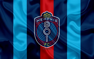 Memphis 901 FC, 4K, American football club, logo, blue red flag, emblem, USL Championship, Memphis, Tennessee, USA, silk texture, soccer, United Soccer League