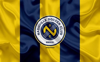 Nashville SC, 4K, Americano futebol clube, logo, amarelo bandeira azul, emblema, USL Campeonato, Nashville, Tennessee, EUA, USL, textura de seda, futebol, United Soccer League