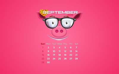 September 2019 Calendar, 4k, autumn, pink piggy, 2019 calendar, September 2019, creative, piggy with leaves, September 2019 calendar with pig, Calendar September 2019, pink background, 2019 calendars