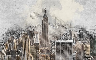 New York, Empire State Building, grunge art, piirustus, creative art, kaupunkikuva, USA, NY