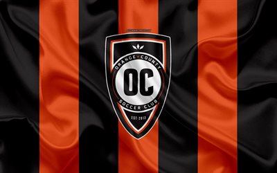 Orange County SC, 4K, American football club, logo, orange-black flag, emblem, USL Championship, Irvine, California, USA, USL, silk texture, soccer, United Soccer League