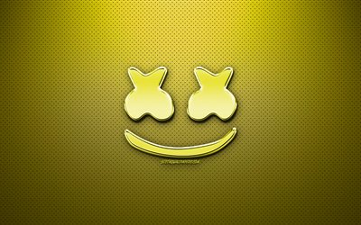 Marshmello yellow logo, fan art, american DJ, chrome logo, Christopher Comstock, Marshmello, yellow metal background, DJ Marshmello, DJs, Marshmello logo