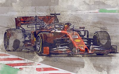 Sebastian Vettel, 2019, Ferrari SF90, Scuderia Ferrari, grunge art, creative art, piirustus, Saksan rodun auton kuljettaja, F1, kilpa-auto