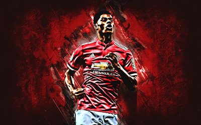 Marcus Rashford, Manchester United FC, calciatore inglese, attaccante, in pietra rossa, sfondo, famosi giocatori di calcio, Premier League, Inghilterra, calcio