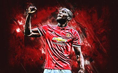 Romelu Lukaku, grunge, Manchester United FC, iloa, Belgian jalkapalloilijat, Premier League, Englanti, Lukaku, punainen kivi, jalkapallo, Man United