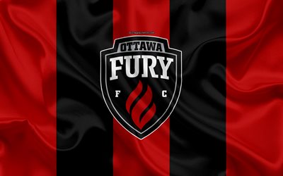 Ottawa Fury FC, 4K, Canadian football club, logo, preto vermelho da bandeira, emblema, USL Campeonato, Ottawa, Ont&#225;rio, Canad&#225;, EUA, USL, textura de seda, futebol, United Soccer League