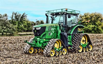 John Deere 6175R, 4k, arar el campo, 2019 tractores, orugas, maquinaria agr&#237;cola, verde tractor, HDR, la agricultura, la cosecha, el tractor en el campo, John Deere