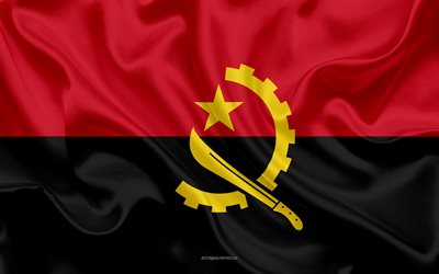 Flag of Angola, 4k, silk texture, Angola flag, national symbol, silk flag, Angola, Africa, flags of African countries
