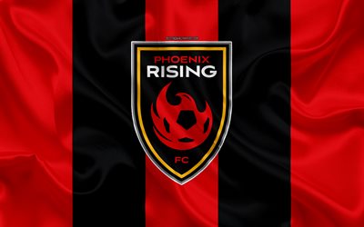Phoenix Rising FC, 4K, American football club, logo, red-black flag, emblem, USL Championship, Phoenix, Arizona, USA, USL, silk texture, soccer, United Soccer League