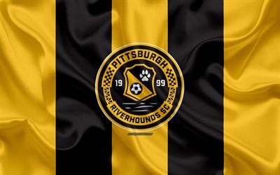 Pittsburgh Riverhounds SC, 4K, American football club, logo, yellow-black flag, emblem, USL Championship, Pittsburgh, Pennsylvania, USA, USL, silk texture, soccer, United Soccer League