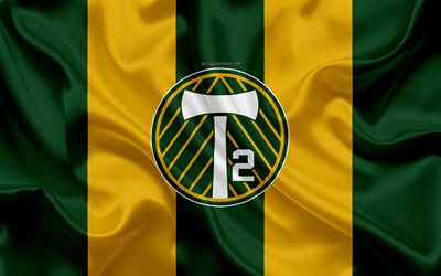 Portland Timbers 2, 4K, club di football Americano, logo, verde, giallo bandiera, emblema, azienda USL di Campionato, Portland, Oregon, USA, USL, di seta, di texture, di calcio, United Soccer League