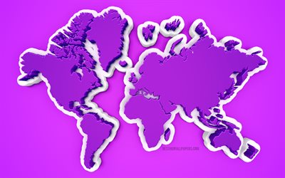 Viola Mappa del Mondo in 3D, sfondo viola, 3d arte, arte creativa, mappa del mondo di concetti